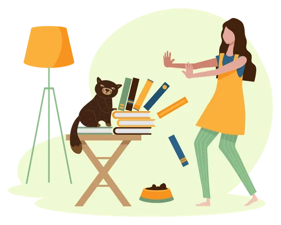 Cat Playing with books and girl trying to stop  Illustration