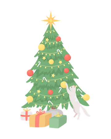 Cat playing with christmas tree Illustration