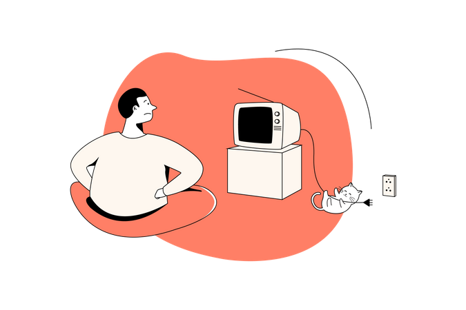 Cat playing with tv wire and man confused Illustration