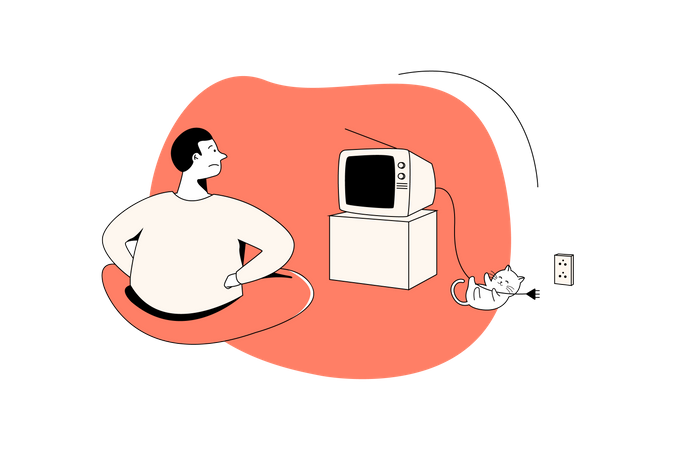 Cat playing with tv wire and man confused  Illustration