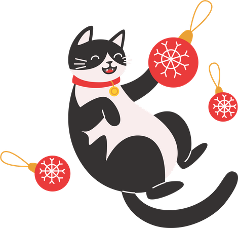 Cat playing wits a Christmas decorations  イラスト