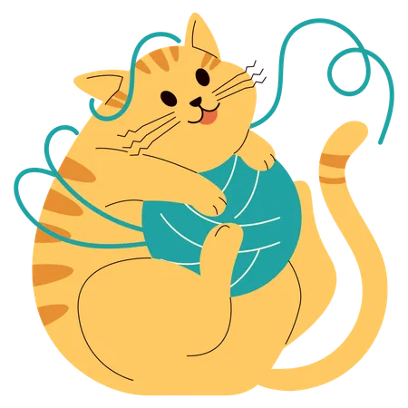 Cat Playing Wool Ball  Illustration