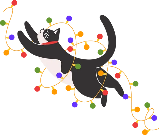 Cat plays wits a Christmas garland  イラスト