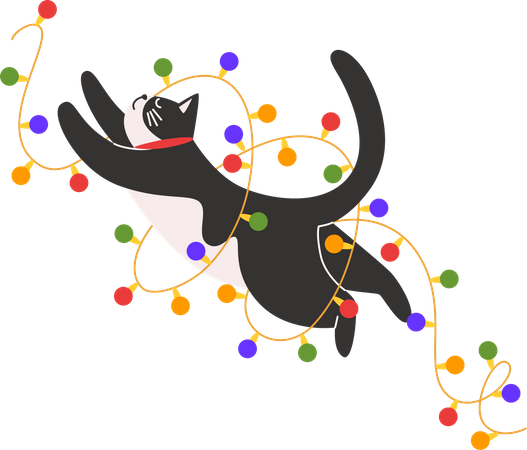 Cat plays wits a Christmas garland  Illustration