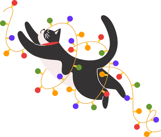 Cat plays wits a Christmas garland  Illustration