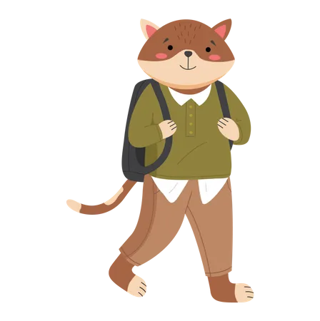 Funny Cartoon Animal Student Isolated On White Background A Cat Schoolboy Wearing In School Uniform Smart Active Pupil With A School Bag On His Shoulders Back To School Education Theme Illustration