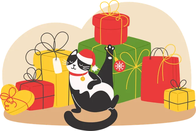 Cat sits next to a mountain of Christmas gifts  Illustration