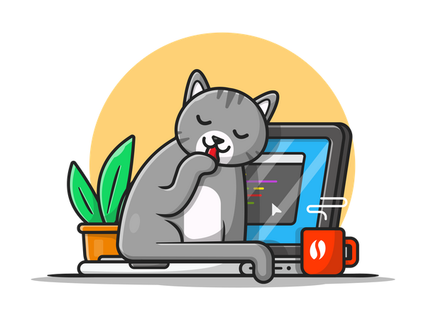 Cat sitting at desk Illustration
