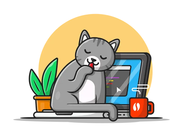 Cat sitting at desk Illustration