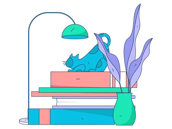 Cat sitting on books  イラスト