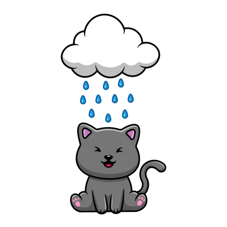 Cat Sitting Under Rain Cloud  イラスト