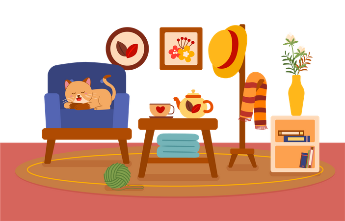 Cat sleeping on armchair beside coffee table in living room Illustration