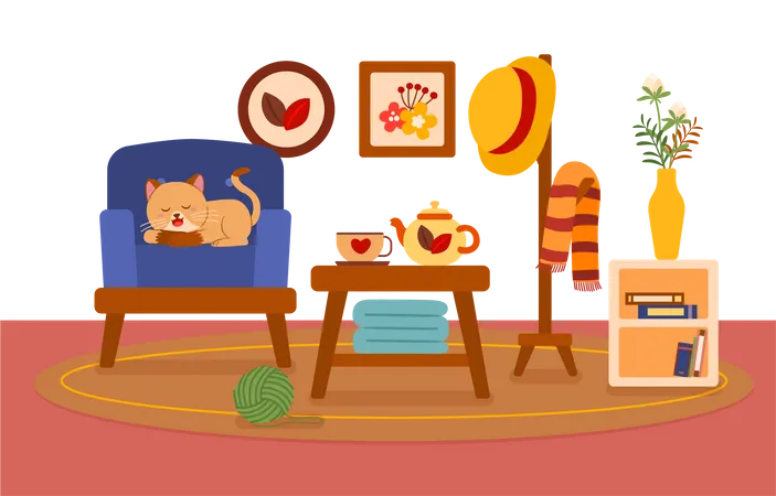 Cat sleeping on armchair beside coffee table in living room  イラスト