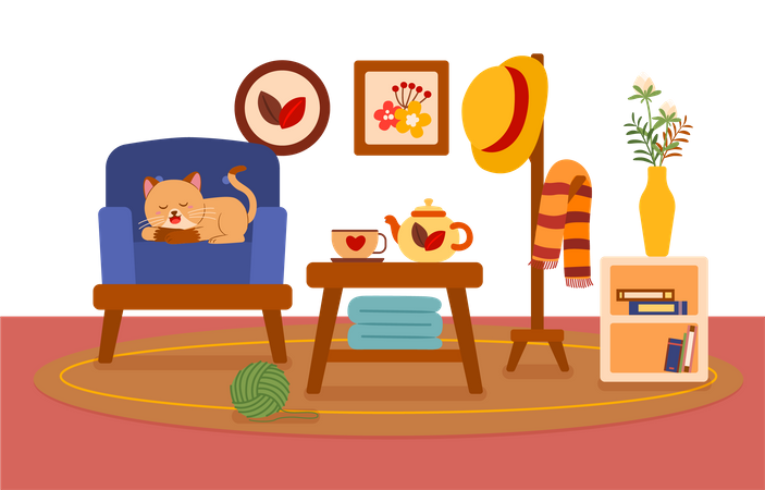 Cat sleeping on armchair beside coffee table in living room  Illustration