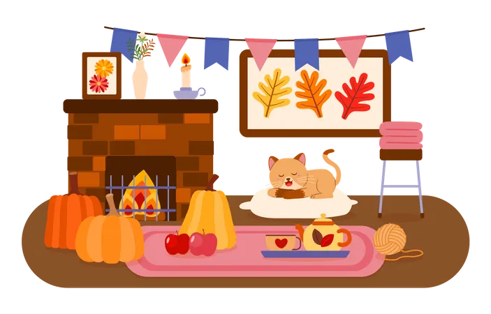 Cat sleeping on seat cushion beside the fireplace in living room Illustration