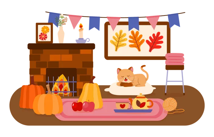 Cat sleeping on seat cushion beside the fireplace in living room  Illustration