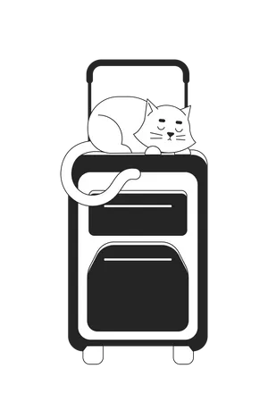 Cat Sleeping On Suitcase Bw Vector Spot Illustration Kitten Lying On Luggage Top 2 D Cartoon Flat Line Monochromatic Object For Web UI Design Summer Vacation Editable Isolated Outline Hero Image Illustration