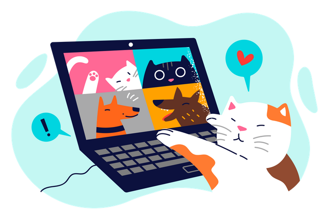 Cat talking on video call with other animals  イラスト