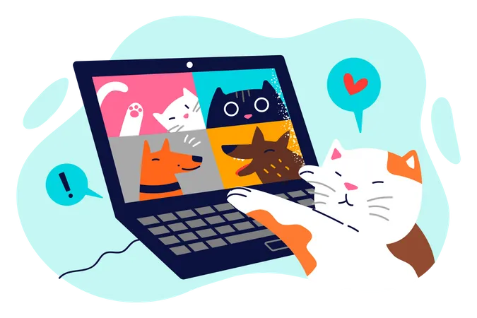Cat talking on video call with other animals  Illustration