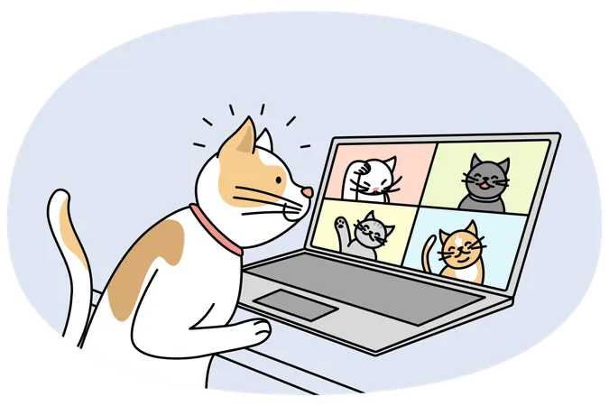 Cat talking on video call with pets on laptop  Illustration