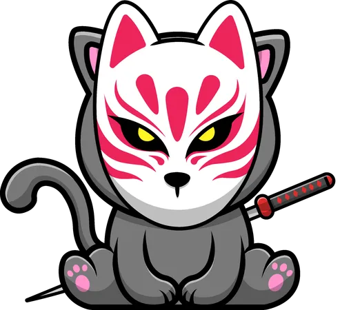 Cat Wearing Kitsune Mask  Illustration