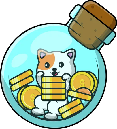 Cat With Gold Coin In Bottle  Illustration