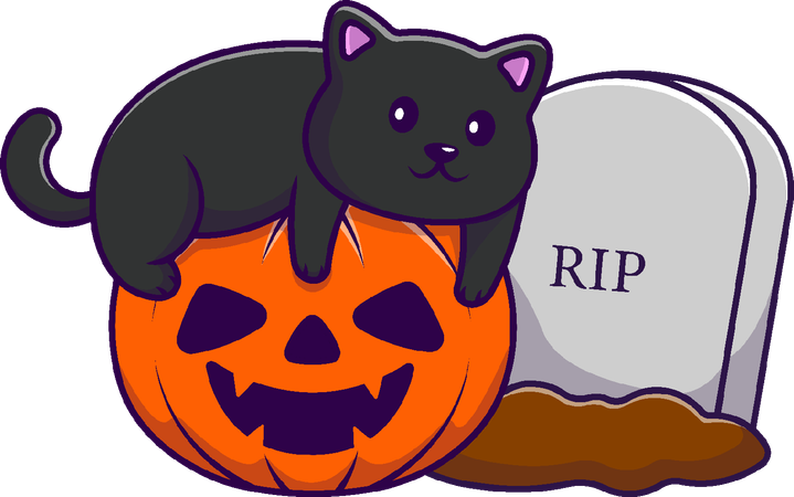Cat With Pumpkin Halloween And Tombstone  イラスト