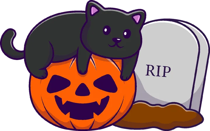 Cat With Pumpkin Halloween And Tombstone  Illustration