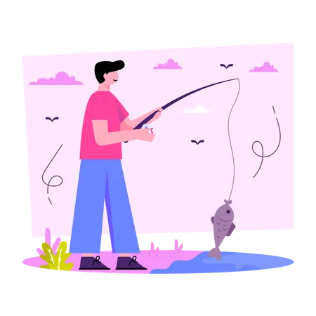 Catching Fish Illustration Editable Vector Illustration