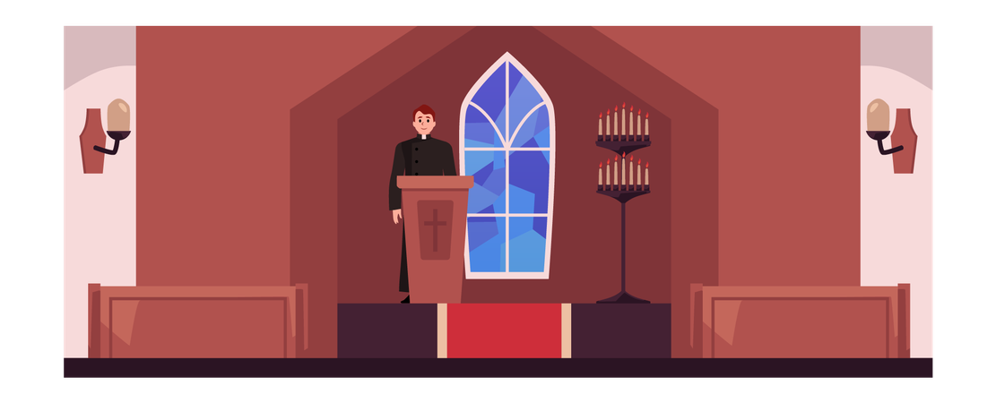 教会でのカトリックまたはバプテスト派のキリスト教の礼拝  イラスト