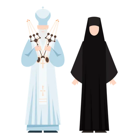 Religion People Wearing Specific Uniform Male And Female Religious Figure Christian Orthodox Church Monk Flat Vector Illustration 일러스트레이션