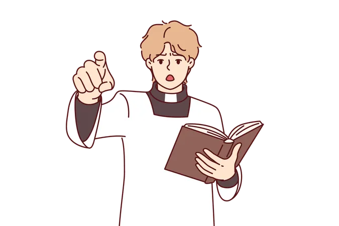 Catholic Priest With Bible Reads Sermon And Points Finger At Screen Talking About Dangers Of Sins Priest In White Robe Opens Mouth In Shock Calling To Observe Instructions Of Old Testament Illustration