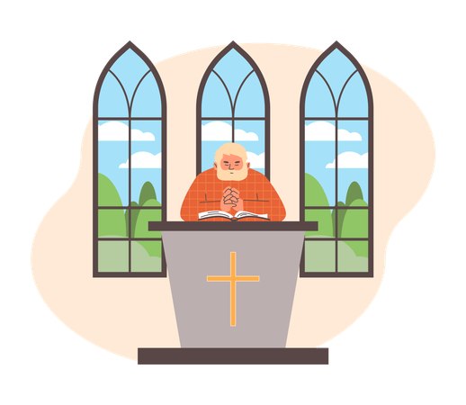 Catholic Priest praying reading sermon in church  Illustration