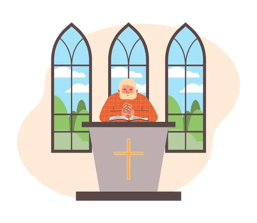Catholic Priest praying reading sermon in church  Illustration