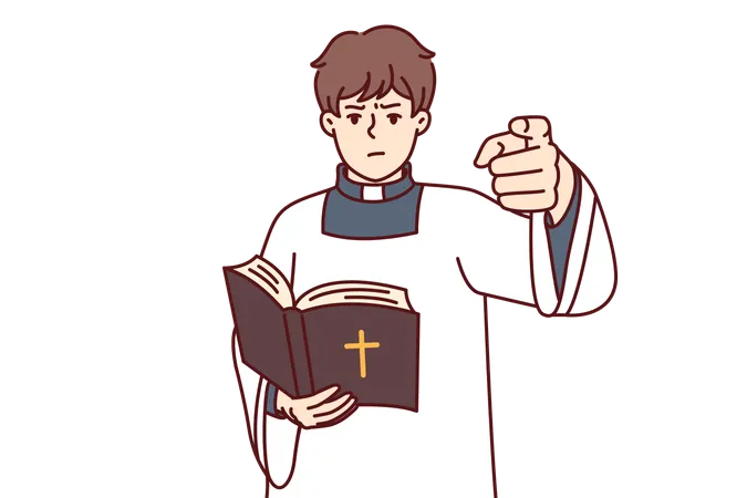 Catholic Priest Holding Bible And Reading Sermons For Guests Of Church Dressed In White Priest Robe Catholic Clergyman Is Dissatisfied With Behavior Of Parishioners And Exposes Believers To Anathema Illustration