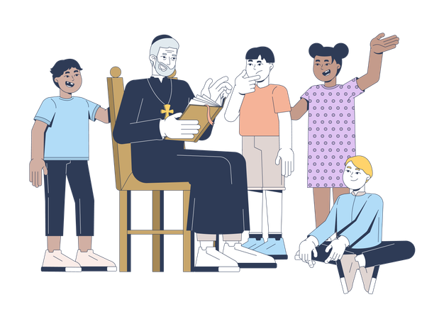 Catholic priest teaching children Bible stories  Illustration