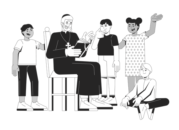 Catholic priest teaching children Bible stories  Illustration