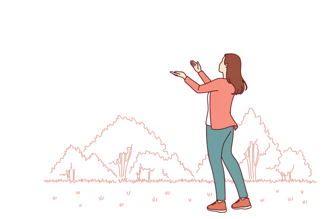 Catholic woman looks at cross glowing in sky praying to god for help in finding right path  Illustration