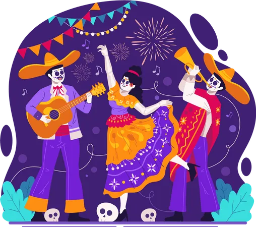 Catrina bailando y músicos de mariachi con sombrero tocando guitarra y trompeta.  Ilustración