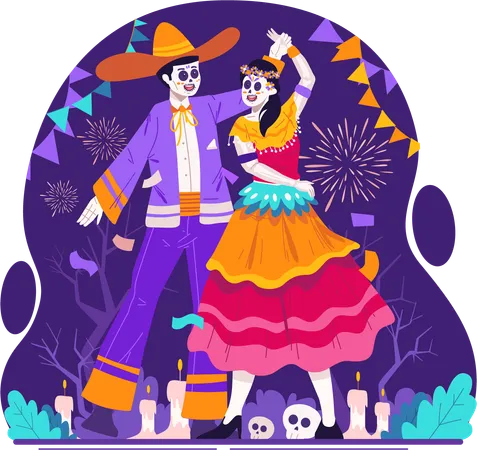 Casal Catrina com trajes tradicionais mexicanos dançando juntos no dia dos mortos  Ilustração