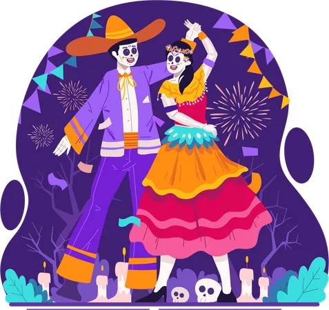 Catrina couple with traditional mexican costumes dancing together on day of dead  Illustration