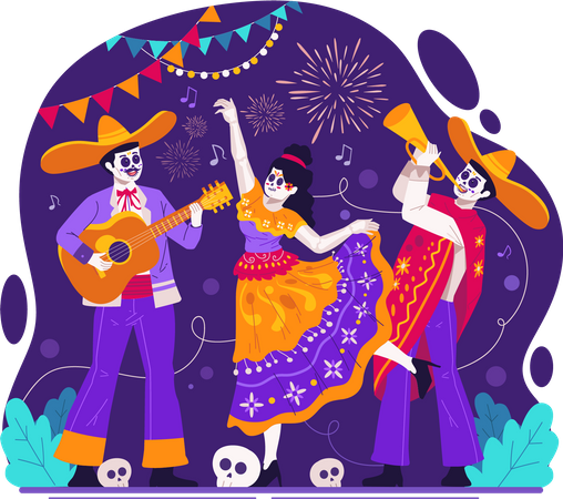 Catrina dançando e músicos mariachi com sombrero tocando violão e trompete  Ilustração