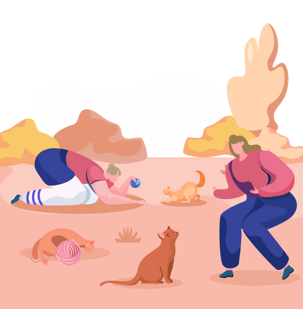 Cats and owners in the park  Illustration