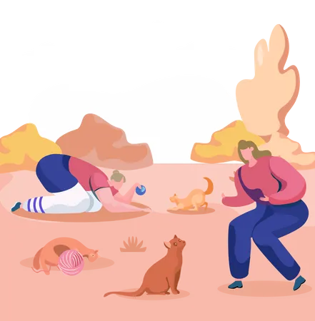 Cats and owners in the park  Illustration