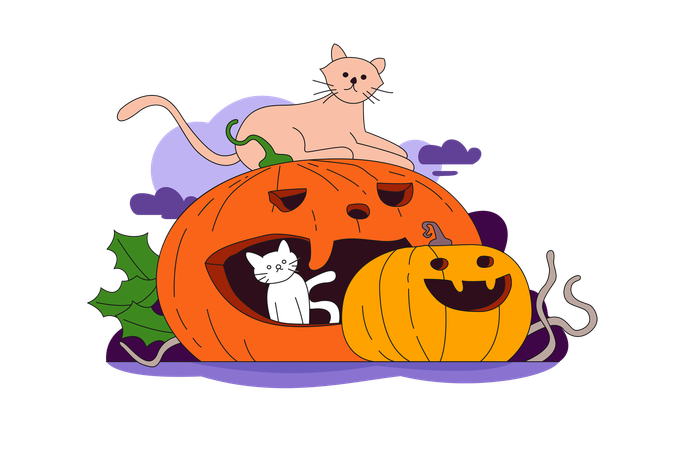 Cats and Pumpkins  Illustration