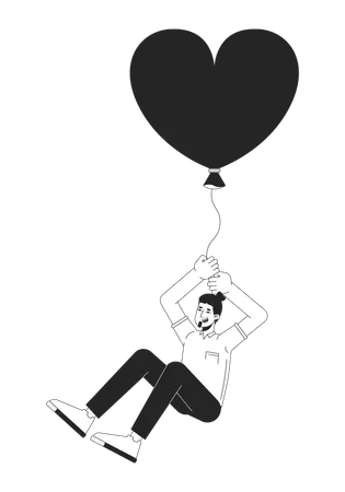 Caucasian Adult Man Flying With Balloon In Hands Black And White 2 D Line Cartoon Character Heart Shaped Baloon European Male Isolated Vector Outline Person Dream Monochromatic Flat Spot Illustration Illustration