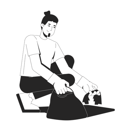 Caucasian bearded man with bun hairstyle cleaning up litter  Illustration