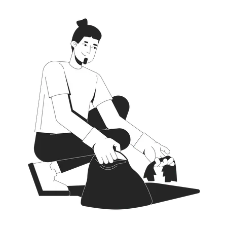 Caucasian bearded man with bun hairstyle cleaning up litter  Illustration