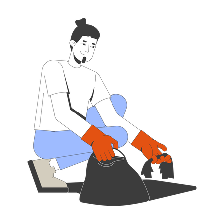 Caucasian bearded man with bun hairstyle cleaning up litter  Illustration