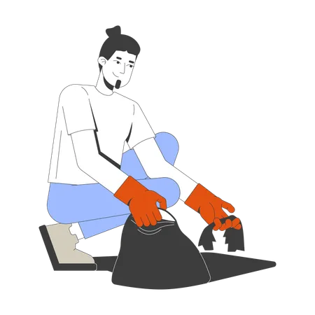 Caucasian bearded man with bun hairstyle cleaning up litter  Illustration